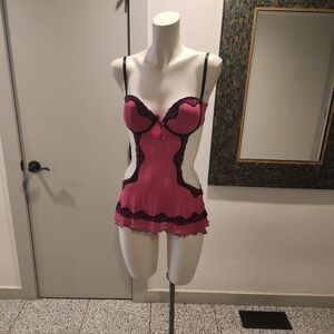 Pink Lace-Trim Chemise with Black Accents